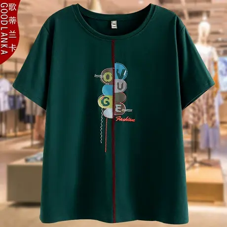 中年胖妈妈夏装t恤女加大码宽松遮肚时尚百搭印花纯棉短袖T恤上衣商品大图