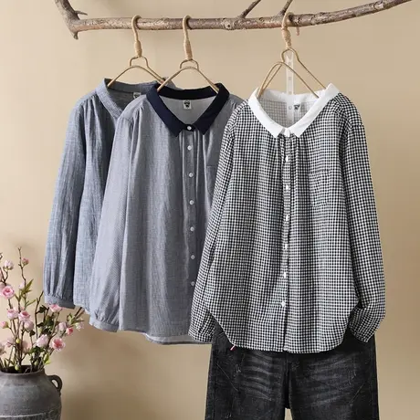 双层棉纱长袖衬衫女秋季新品森系格子通勤文艺单排扣显高显瘦衬衣商品大图