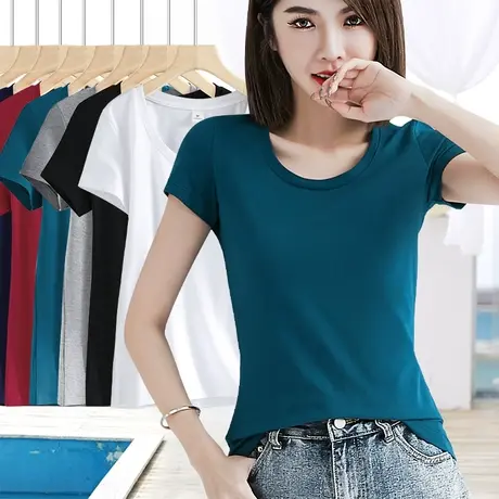 纯棉圆领短袖t恤女夏季修身显瘦常规纯色深蓝色上衣女士半袖体恤商品大图