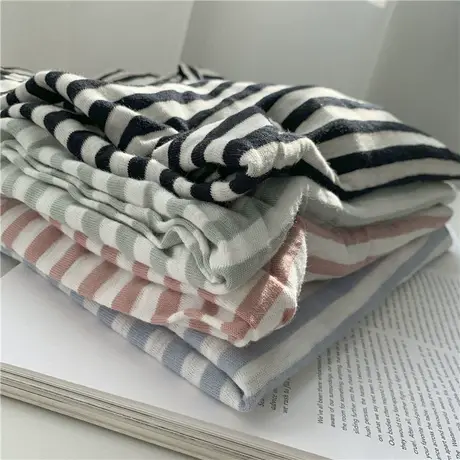 竹节棉条纹长袖打底衫女薄款2023春季浅绿条纹休闲圆领T恤上衣女商品大图