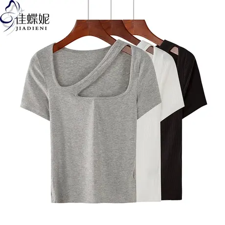 夏季新款斜领不规则纯棉修身短款短袖体恤上衣内搭打底衫韩版女装商品大图