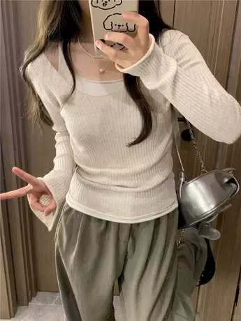 假两件针织衫女秋季慵懒风修身内搭打底衫毛衣小众设计感长袖t恤商品大图