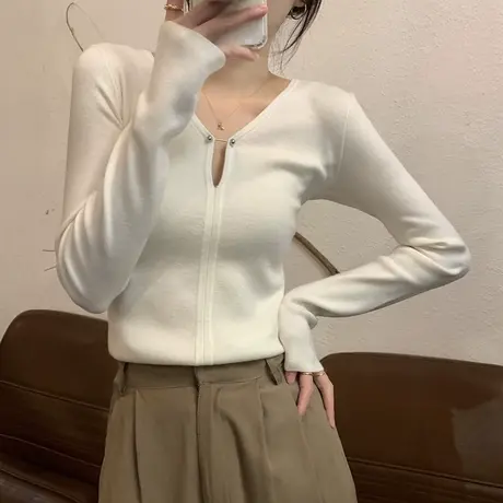 v领设计感温柔风毛衣打底衫女秋冬加厚修身内搭针织衫上衣高级感图片