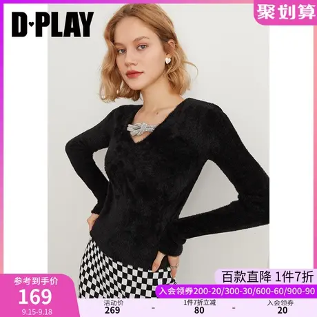 DPLAY秋装新款时尚通勤风黑色大V领绞花装饰仿貂绒针织衫商品大图