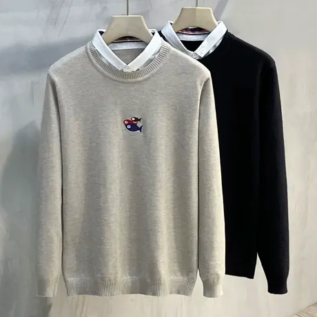 2023秋季针织长袖T恤男士潮流外穿假两件毛衣潮牌秋装打底衫上衣商品大图