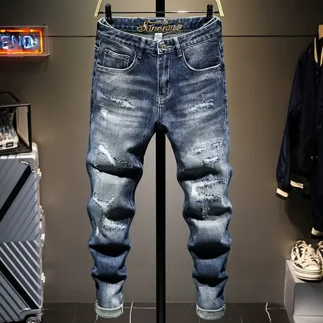 春夏意大利高端牛仔裤男士潮牌破洞刺绣修身小脚百搭长裤子乞丐裤商品大图