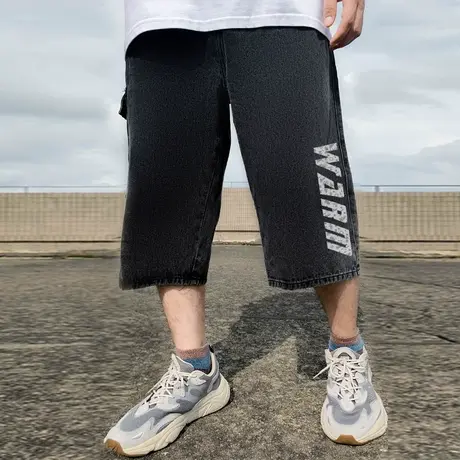 胖子重磅牛仔七分裤男加肥加大码口袋宽松复古7分裤潮流夏季肥佬图片