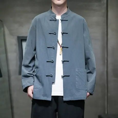 春秋长袖衬衫男中国风盘扣复古上衣服宽松大码休闲纯色简约打底衫商品大图