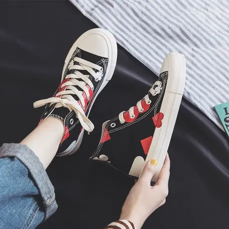女鞋2023春季扑克印花帆布鞋女高帮涂鸦板鞋韩版百搭潮鞋子休闲鞋商品大图