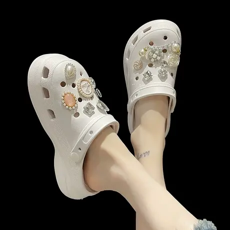 外穿洞洞鞋女夏季ins潮时尚珍珠水钻厚底增高防滑两穿包头凉拖鞋商品大图