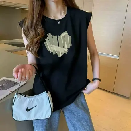 纯棉吊带运动坎肩背心无袖t恤女夏季设计感小众外穿宽松挂脖上衣图片