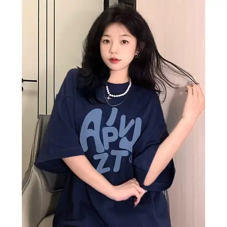 美式复古短袖t恤女大码胖mm夏季新款oversize洋气减龄上衣2-300斤商品大图