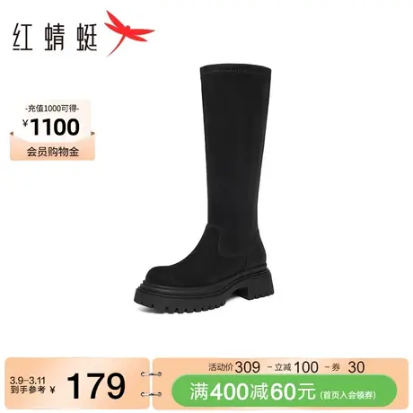 红蜻蜓百搭弹力靴2023冬季新款女鞋黑色显瘦时装靴通勤软底长筒靴图片