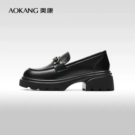 【门店发货】奥康女鞋 2024春季新款厚底英伦风小皮鞋圆头乐福鞋图片