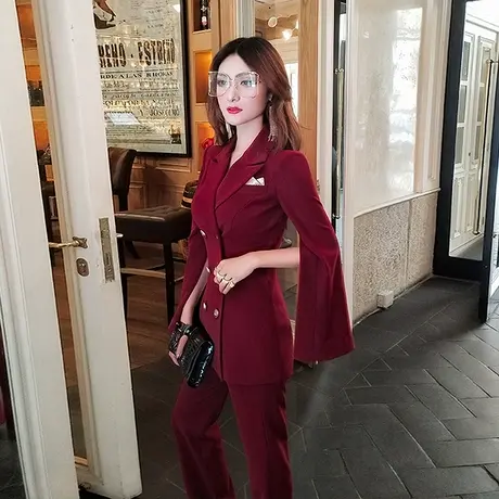 VJE春装新款职业装女裤套装气质优雅袖口开叉小西装外套显瘦长裤图片