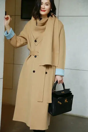 2023秋冬新款女设计师新款女士毛呢大衣山羊绒高级大牌细软羊绒衣商品大图