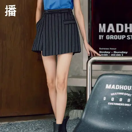播条纹西装裙裤女2023夏季新款时尚休闲腰带装饰不对称阔腿裤短裤商品大图