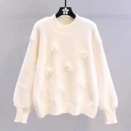 日系钉珠立体花朵毛衣女秋冬2023新款宽松小清新设计感针织衫上衣图片