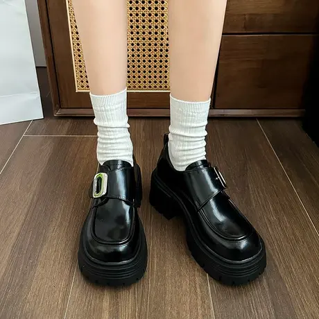 乐福鞋女2024年春秋季新款配裙子jk粗跟单鞋英伦风厚底百搭小皮鞋商品大图
