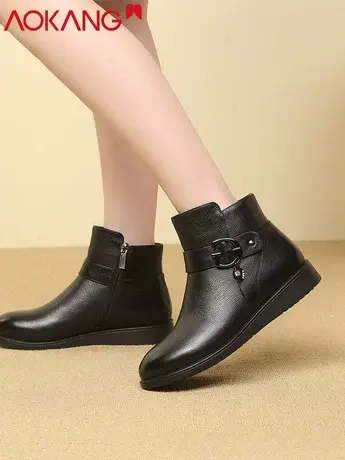 奥康棉鞋女2021平底保暖棉靴高帮真皮短靴女加绒软皮妈妈皮棉鞋商品大图