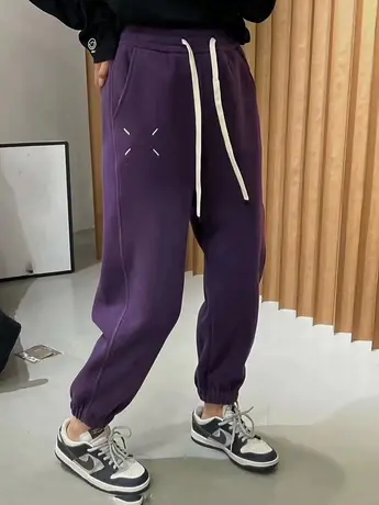 2023秋冬季爆款刺绣复合加厚婴儿绒卫裤女宽松显瘦束脚休闲裤子潮商品大图