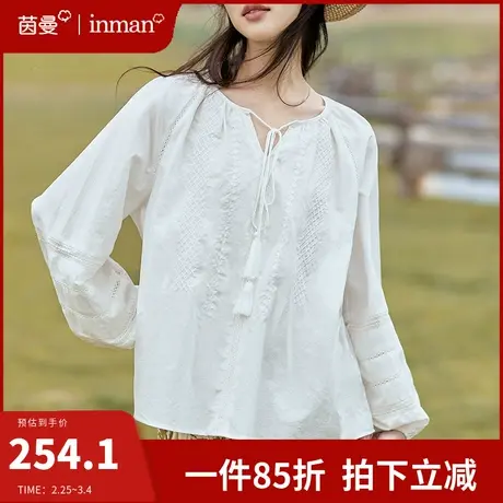 茵曼旗舰店小清新纯棉白衬衣女2024春季新款圆领系带上衣长袖衬衫图片