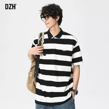 男士纯棉短袖男款夏季潮牌美式半袖t恤上衣2023新款条纹polo衫潮商品大图