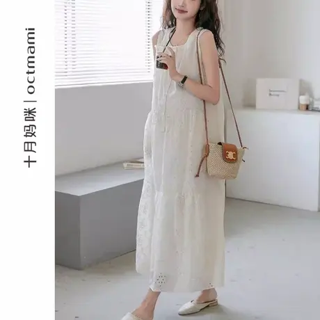 十月妈咪孕妇镂空花连衣裙2025新款夏季外穿法式可哺乳无袖裙夏装商品大图