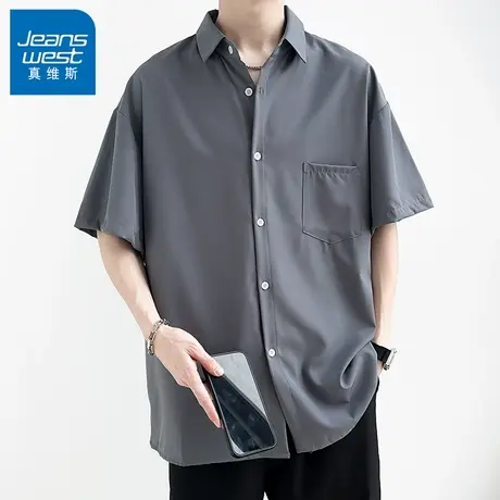 N5真维斯男士短袖衬衫2025夏季新款时尚百搭纯色衬衣男装宽松上衣商品大图