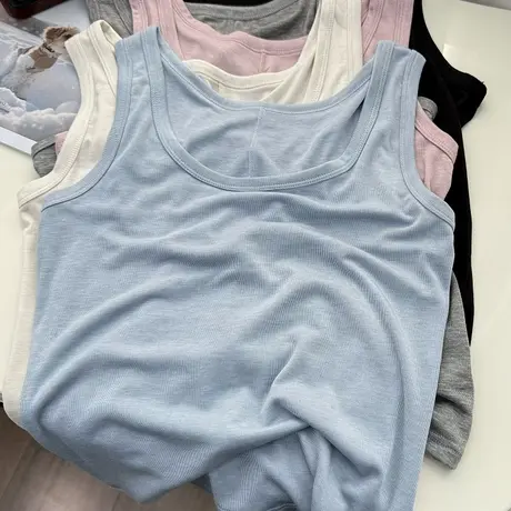 软绵轻感莱赛尔天丝吊带背心女内搭露锁骨大圆领修身弹力无袖t恤图片