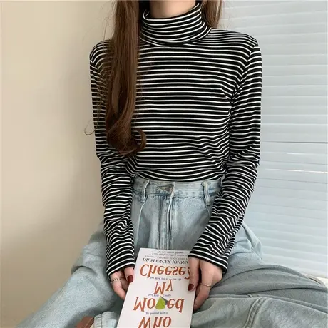 2023新款春秋冬季黑色洋气条纹高领百搭打底衫内搭长袖t恤女上衣商品大图