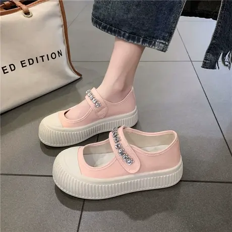 女鞋mona玛丽珍鞋布面仙女风水钻丑萌圆头饼干鞋浅口百搭厚底单鞋商品大图