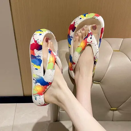 踩屎感人字拖女夏季时尚涂鸦印花厚底夹脚防滑外穿沙滩EVA凉拖鞋商品大图