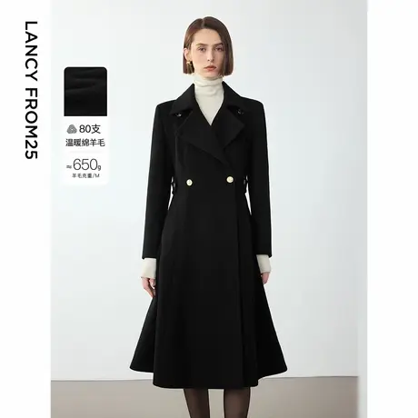 朗姿2024冬季新款设计感法式赫本风羊毛大衣风衣翻领收腰毛呢外套商品大图
