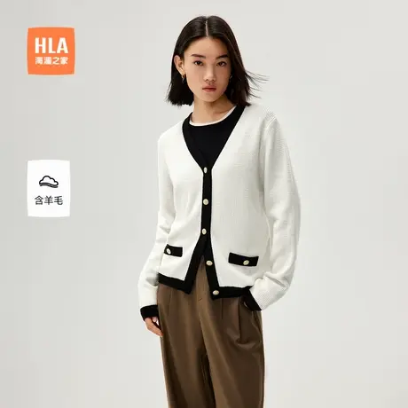 【含羊毛】HLA/海澜之家休闲通勤直筒针织衫秋新长袖保暖开衫女装商品大图