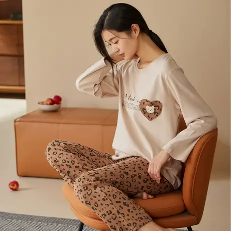 秋鹿柔软舒适爱心小熊印花睡衣女款春秋季纯棉长袖长裤家居服套装商品大图