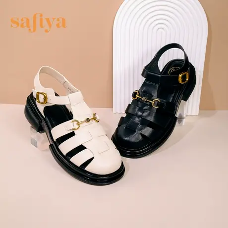 Safiya索菲娅新款夏季外穿复古马衔扣镂空透气编织包头罗马凉鞋女图片