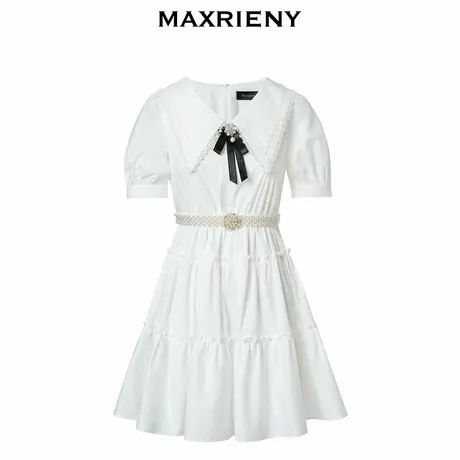 【奥莱】MAXRIENY撞色蝴蝶结收腰娃娃连衣裙夏日肌理感泡泡袖裙子图片