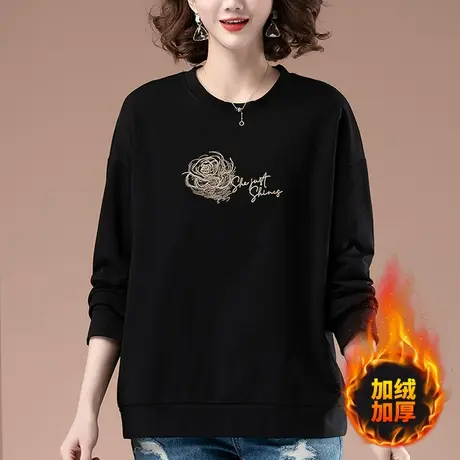 加绒加厚中年妈妈卫衣女秋冬季加大码女装刺绣宽松圆领休闲上衣女商品大图