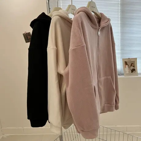 韩版纯色开衫连帽卫衣女宽松加绒加厚保暖拉链外套2022秋冬季新款商品大图