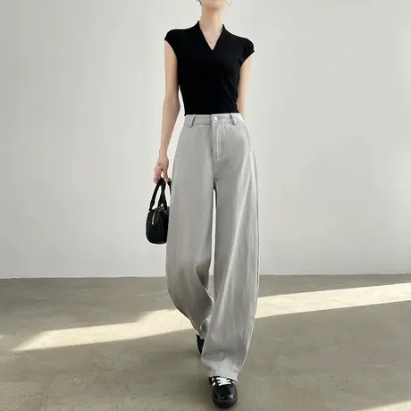 休闲弯刀牛仔裤女春秋新款高腰显瘦宽松莫兰迪灰色直筒阔腿拖地裤图片