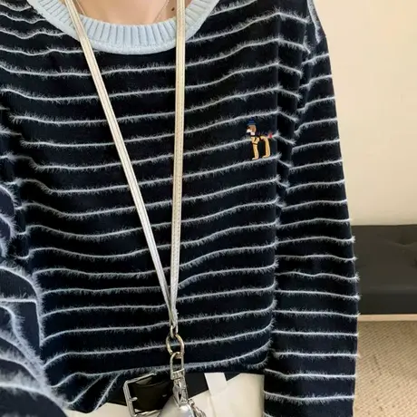2025早秋季拼色今年流行条纹长袖T恤女宽松休闲百搭显瘦薄款上衣商品大图