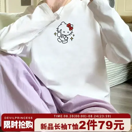 2025新款爆款黑色长袖t恤女韩系学院风Kitty猫印花宽松重磅上衣潮商品大图