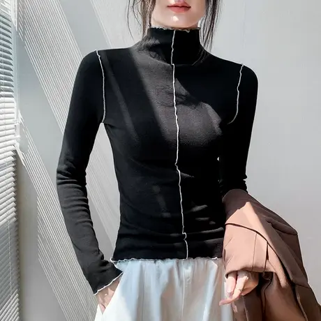 花边半高领长袖磨毛T恤女2025秋季新款拼接设计感修身正肩打底衫商品大图