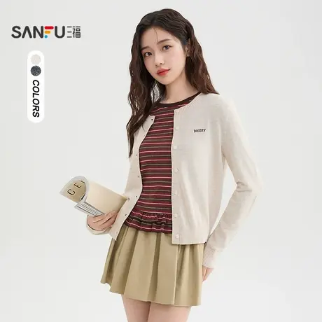 三福毛衣2025秋季英文刺绣圆领毛织开衫上衣女装509086商品大图
