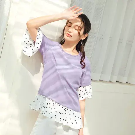 桔熊夏季通勤舒适浪漫纯色圆点雪纺衫中长款上衣少女大码AB15269图片