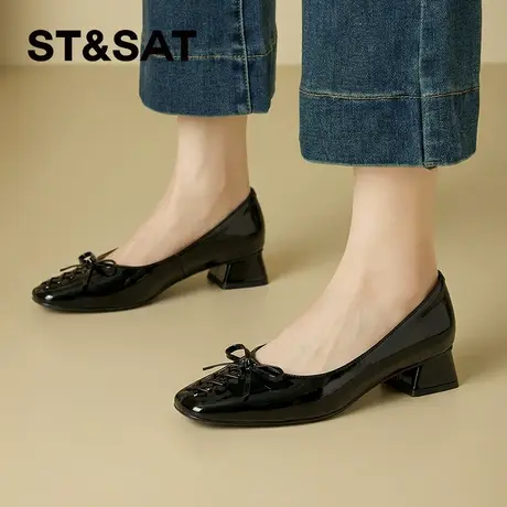 【牛皮】星期六粗跟方头真皮玛丽珍女鞋2026春季蝴蝶结通勤单鞋女商品大图