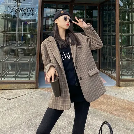 格子毛呢小西装外套女加棉秋冬新款宽松复古休闲英伦风呢子大衣潮商品大图