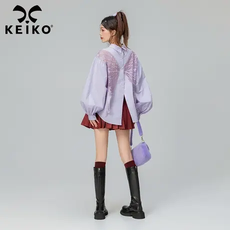 KEIKO 刺绣蝴蝶花紫色长袖衬衫2023秋冬设计感小众纯棉泡泡袖上衣商品大图