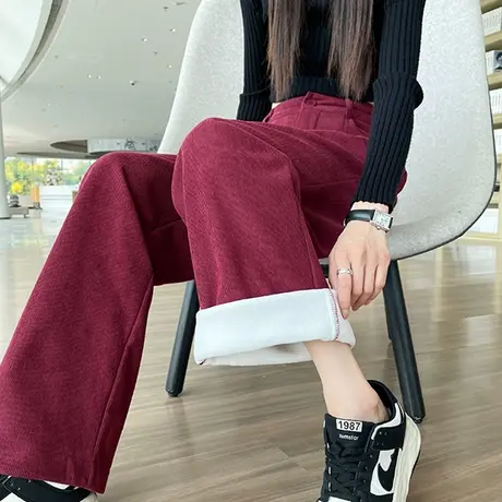 灯芯绒阔腿裤女2023秋冬新款高腰垂坠感窄版欧棉绒拖地加绒休闲裤商品大图